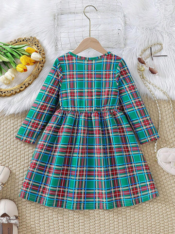 Girls' Casual Green Plaid Digital Printed Long Sleeve Round Neck A-Line Dress, Spring & Autumn