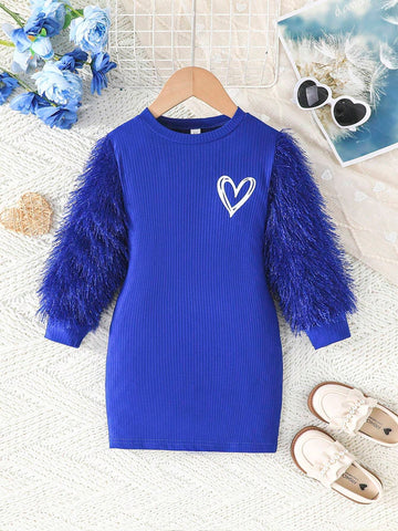 Girls Casual Heart Print Long Sleeve Crew Neck Dress, Autumn
