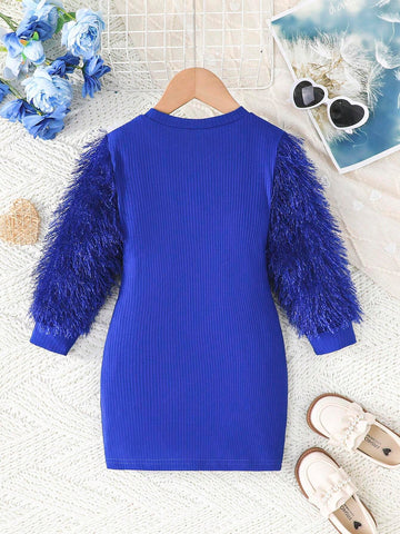 Girls Casual Heart Print Long Sleeve Crew Neck Dress, Autumn