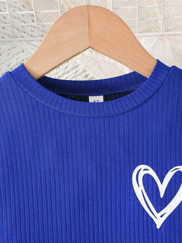 Girls Casual Heart Print Long Sleeve Crew Neck Dress, Autumn