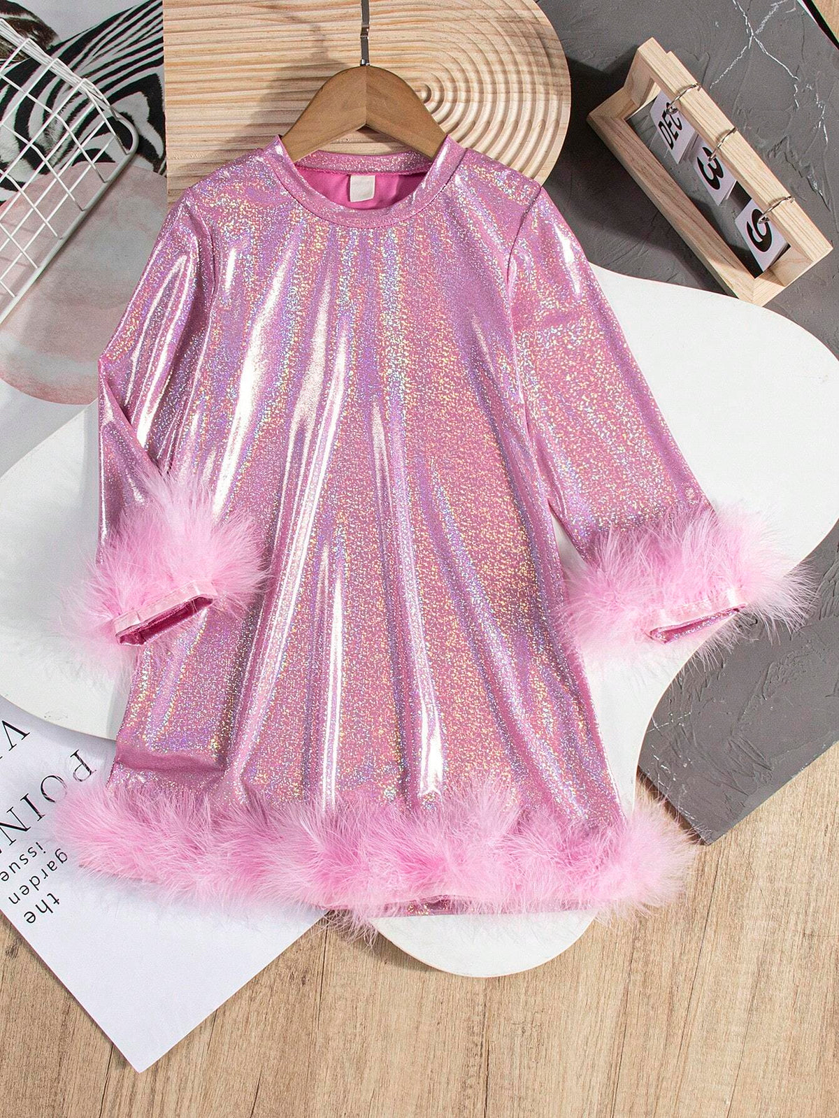 Girls' Casual High Neck Laser Dot A-Line Dress, Suitable For Festival Party, Spring And Autumn