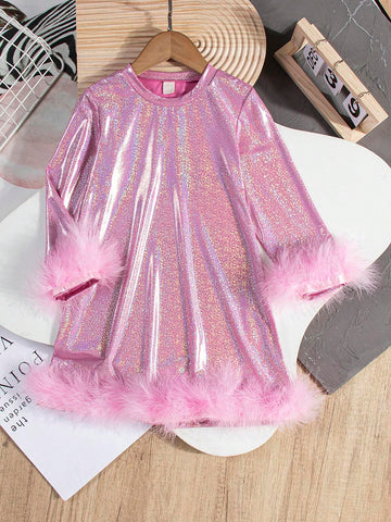 Girls' Casual High Neck Laser Dot A-Line Dress, Suitable For Festival Party, Spring And Autumn