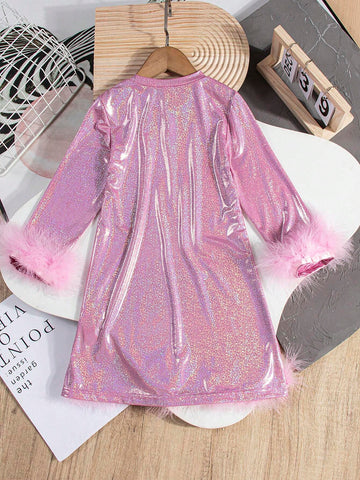 Girls' Casual High Neck Laser Dot A-Line Dress, Suitable For Festival Party, Spring And Autumn