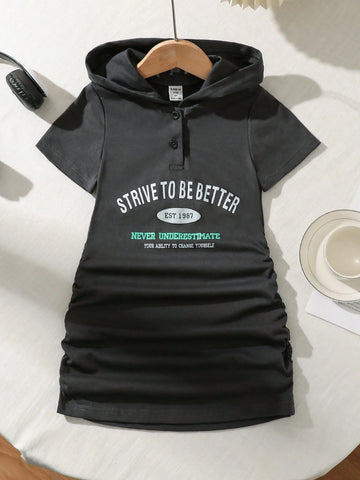 Girls' Casual Hooded Sweatshirt Dress With Elasticated Waistband, Side Bones, And Printed Short Sleeves