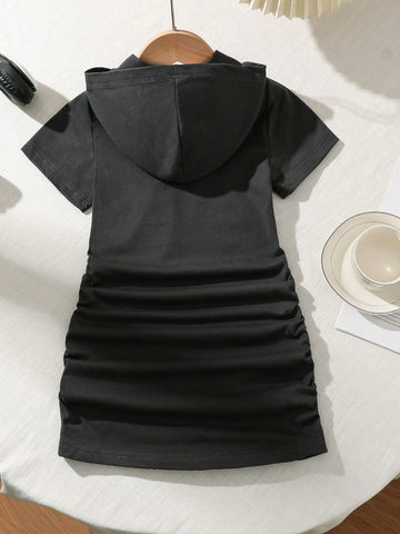 Girls' Casual Hooded Sweatshirt Dress With Elasticated Waistband, Side Bones, And Printed Short Sleeves