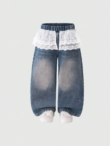 Girls' Casual Lace Patchwork Simple Denim Jeans