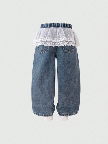 Girls' Casual Lace Patchwork Simple Denim Jeans