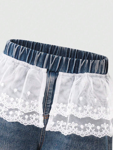 Girls' Casual Lace Patchwork Simple Denim Jeans