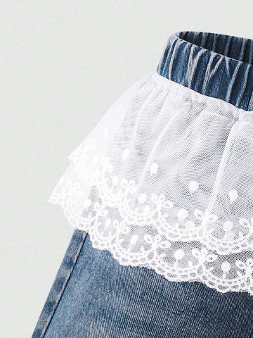 Girls' Casual Lace Patchwork Simple Denim Jeans
