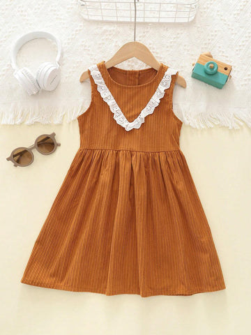 Girls Casual Lace Splice Solid Color Crew Neck Corduroy A-Line Dress, Autumn