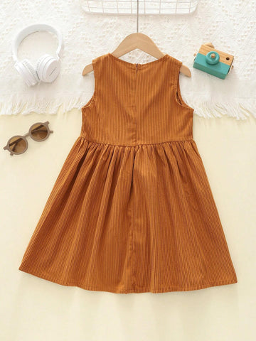 Girls Casual Lace Splice Solid Color Crew Neck Corduroy A-Line Dress, Autumn