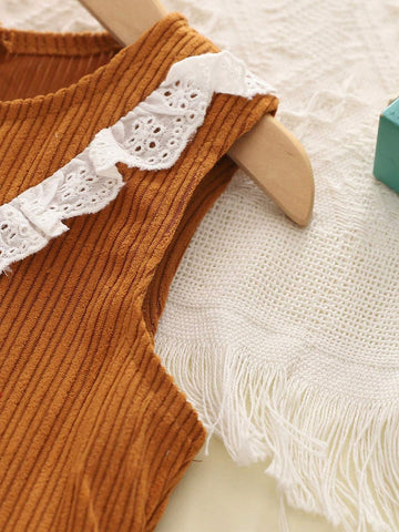 Girls Casual Lace Splice Solid Color Crew Neck Corduroy A-Line Dress, Autumn