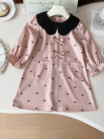 Girls Casual Long Sleeve Bowknot Classic Princess Dress, Spring New Fashion Design Children Clothing