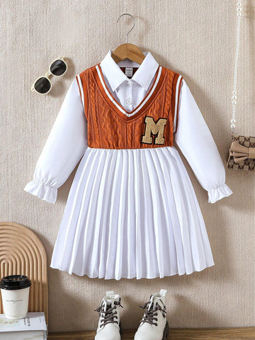Girls Casual Long Sleeve Collared Splice Knit Dress With Pleated Hem