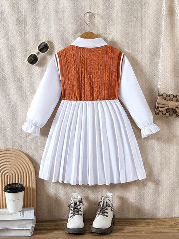 Girls Casual Long Sleeve Collared Splice Knit Dress With Pleated Hem