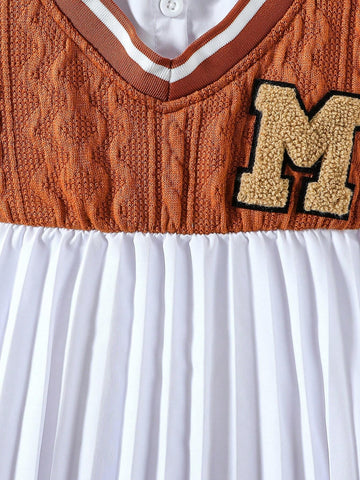 Girls Casual Long Sleeve Collared Splice Knit Dress With Pleated Hem