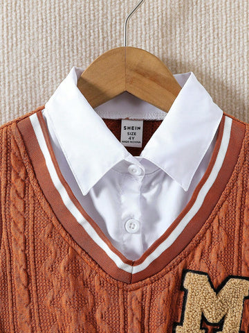 Girls Casual Long Sleeve Collared Splice Knit Dress With Pleated Hem