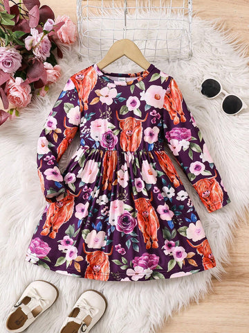 Girls Casual Long Sleeve Cow & Floral Print Pullover Round Neck Knit Dress