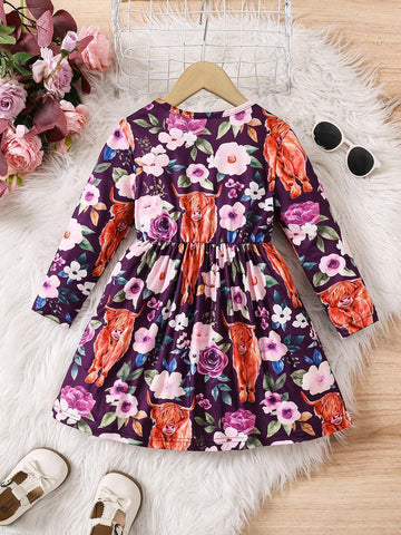 Girls Casual Long Sleeve Cow & Floral Print Pullover Round Neck Knit Dress