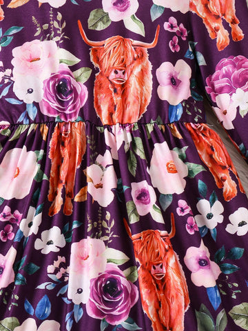 Girls Casual Long Sleeve Cow & Floral Print Pullover Round Neck Knit Dress