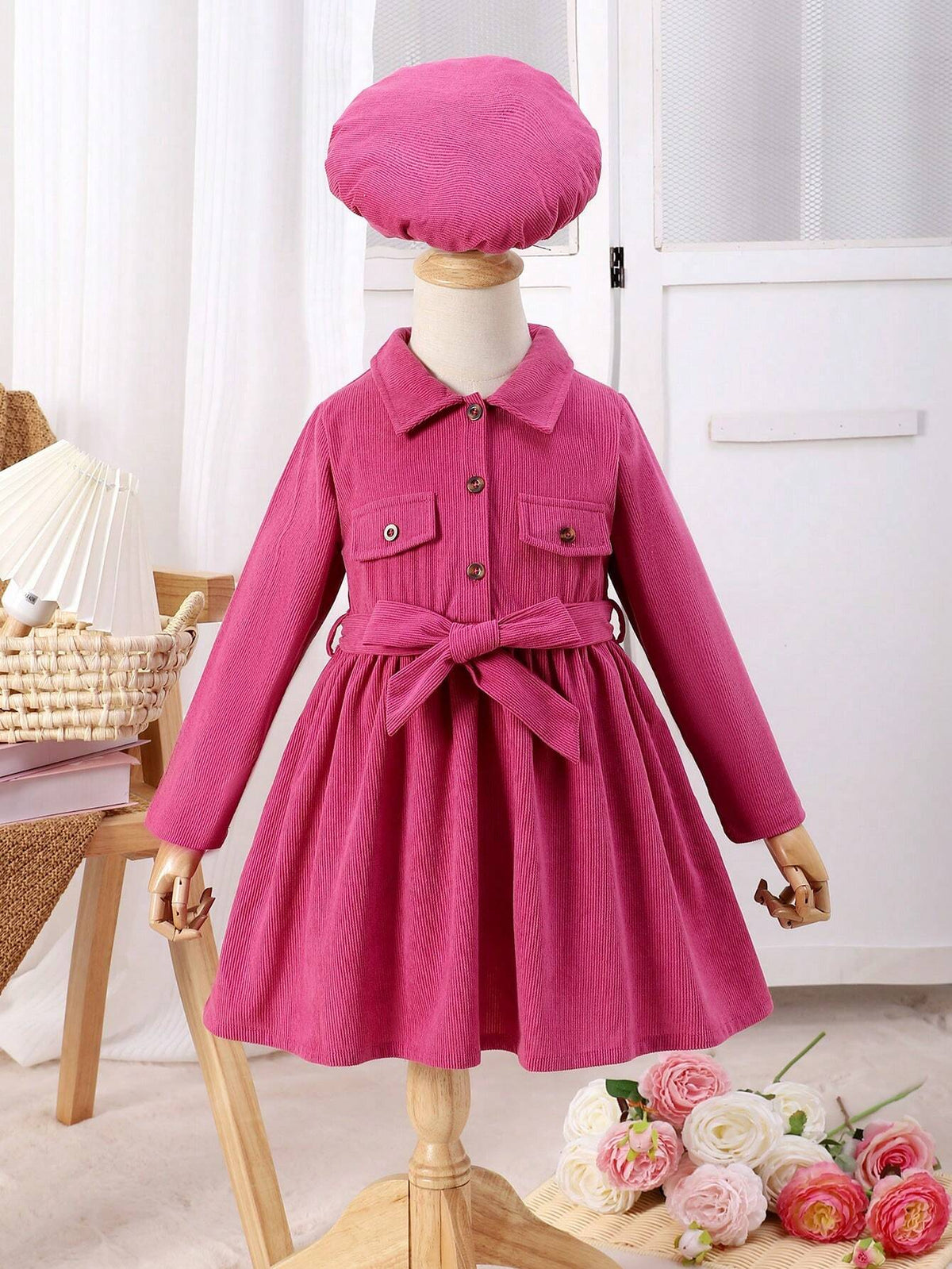 Girls Casual Long Sleeve Lapel Half-Placket Button Dress + Belt + Hat, Girls Casual Long Sleeve Dress