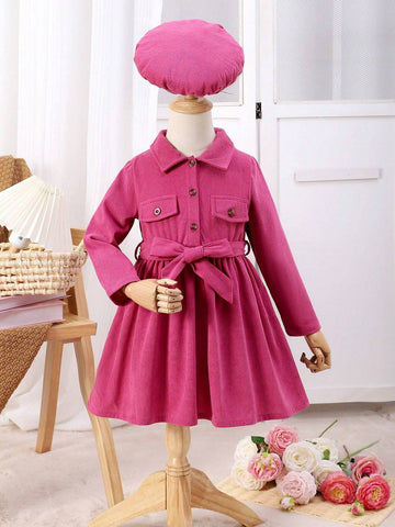 Girls Casual Long Sleeve Lapel Half-Placket Button Dress + Belt + Hat, Girls Casual Long Sleeve Dress
