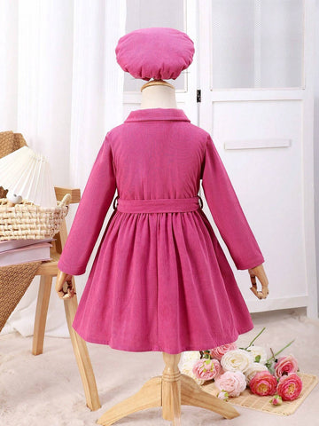 Girls Casual Long Sleeve Lapel Half-Placket Button Dress + Belt + Hat, Girls Casual Long Sleeve Dress