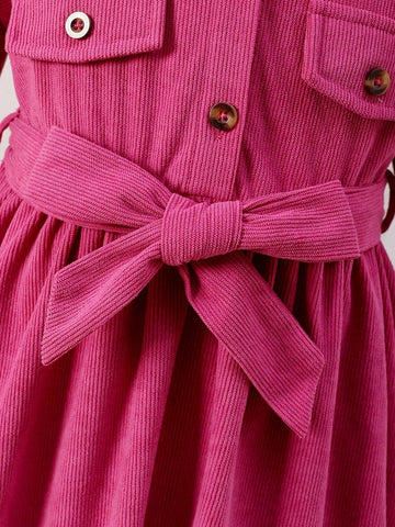 Girls Casual Long Sleeve Lapel Half-Placket Button Dress + Belt + Hat, Girls Casual Long Sleeve Dress