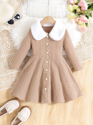 Girls Casual Maillard Color Textured Knit Long Sleeve Button-Down A-Line Dress