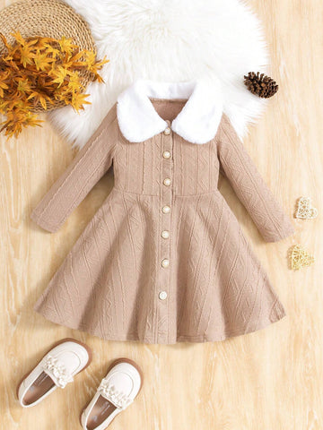 Girls Casual Maillard Color Textured Knit Long Sleeve Button-Down A-Line Dress