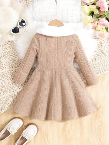 Girls Casual Maillard Color Textured Knit Long Sleeve Button-Down A-Line Dress