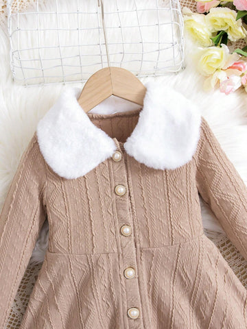Girls Casual Maillard Color Textured Knit Long Sleeve Button-Down A-Line Dress