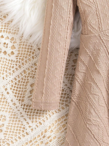 Girls Casual Maillard Color Textured Knit Long Sleeve Button-Down A-Line Dress