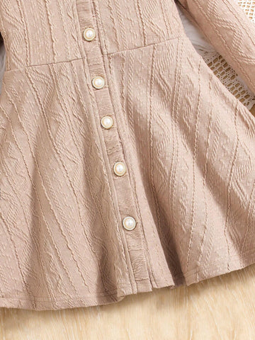 Girls Casual Maillard Color Textured Knit Long Sleeve Button-Down A-Line Dress