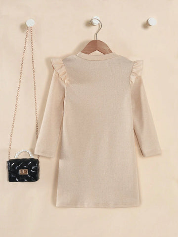 Girls Casual Minimalist Daily Princess Round Neck Drop Shoulder Long Sleeve Slim Fit Solid Color Metallic Fabric Dress
