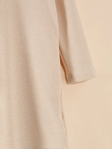 Girls Casual Minimalist Daily Princess Round Neck Drop Shoulder Long Sleeve Slim Fit Solid Color Metallic Fabric Dress