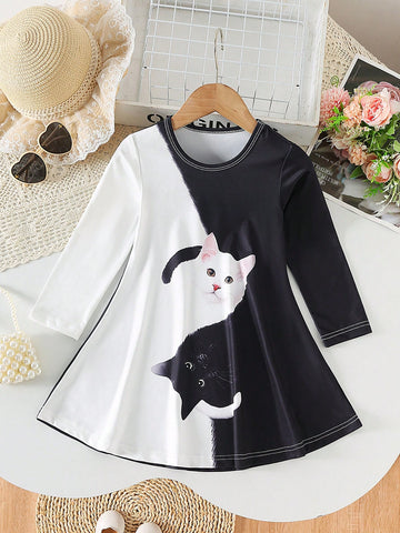 Girls Casual Minimalist Fashion Streetwear Round Neck Long Sleeve Loose Color Block Cat Print Short Cartoon Dress