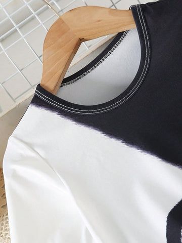 Girls Casual Minimalist Fashion Streetwear Round Neck Long Sleeve Loose Color Block Cat Print Short Cartoon Dress