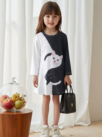Girls Casual Minimalist Fashion Streetwear Round Neck Long Sleeve Loose Color Block Cat Print Short Cartoon Dress