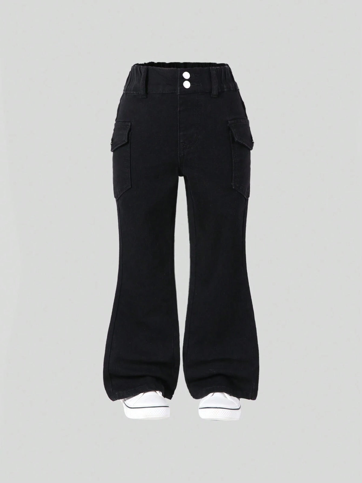 Girls Casual Multi Pocket Elastic Waist Black Washed Denim Flare Jeans