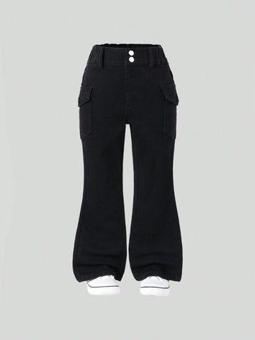 Girls Casual Multi Pocket Elastic Waist Black Washed Denim Flare Jeans