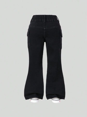 Girls Casual Multi Pocket Elastic Waist Black Washed Denim Flare Jeans