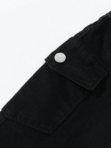 Girls Casual Multi Pocket Elastic Waist Black Washed Denim Flare Jeans