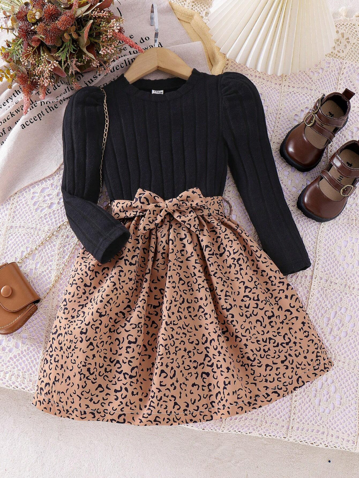 Girls Casual Outdoor Soft Comfortable Leopard Splicing Dress, Vintage Fashion Cinched Waist Children Dress, Autumn