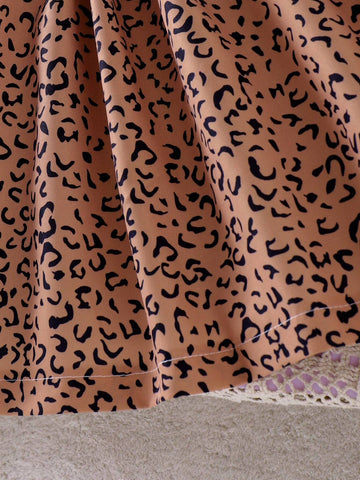 Girls Casual Outdoor Soft Comfortable Leopard Splicing Dress, Vintage Fashion Cinched Waist Children Dress, Autumn