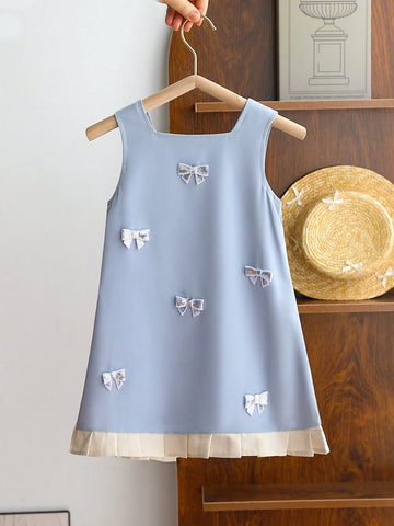 Girls Casual Pinafore Dress With Handmade Bow Decor