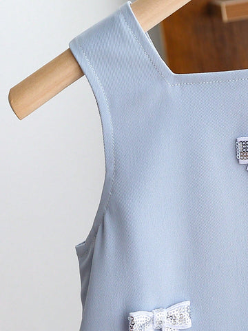 Girls Casual Pinafore Dress With Handmade Bow Decor