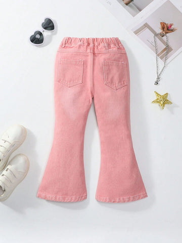 Girls' Casual Pink Stone Washed Denim Jeans With Slit Hem