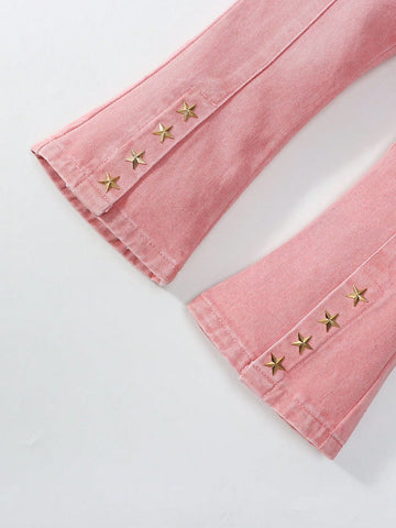 Girls' Casual Pink Stone Washed Denim Jeans With Slit Hem