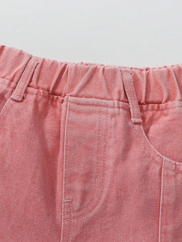 Girls' Casual Pink Stone Washed Denim Jeans With Slit Hem